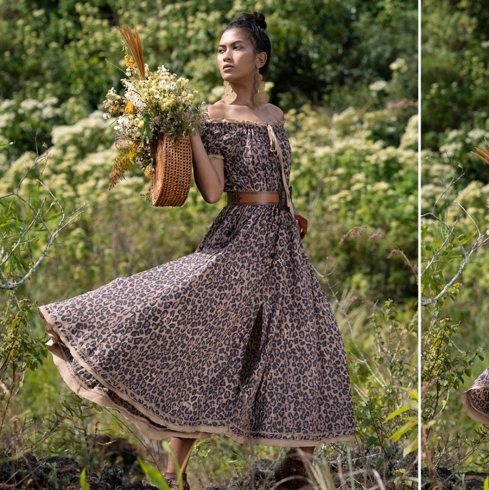 TULLE AND BATISTE Montana Midi Dress, Flowy, Cottage Core, Leopard, Size M, NWT